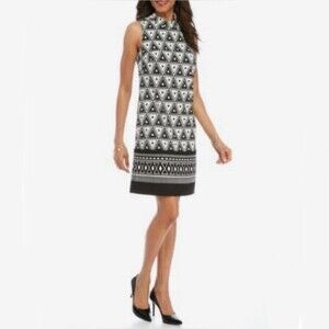 Black and white geometric print mock neck shift dress size 6